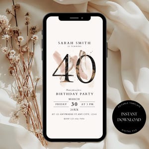 May include: A digital birthday party invitation with a gold and pink design. The invitation says "Sarah Smith is turning 40" and includes the date, time, and location of the party.