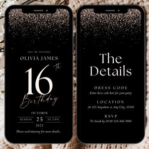 16th Birthday Party Invitation Template, Sweet 16th Birthday Invitation, Custom 16th Digital Invitation for Her, 16th Birthday Evite EM