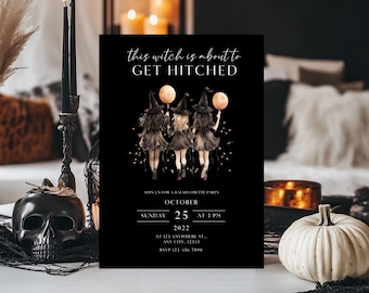 Halloween Bachelorette Invitation Template, Printable Witch is getting Hitched Bach Weekend Invitation, Printable Halloween Party Invite