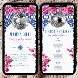 Puede incluir: Una invitación digital para una boda con una bola de discoteca y un diseño floral. La invitación dice "Mamma Mia! Emily se casa." e incluye la fecha y la hora de la boda. La invitación también incluye un itinerario de fin de semana con las fechas y horas de los eventos.
