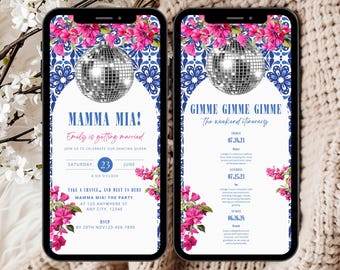 Mamma Mia vrijgezellenfeest uitnodiging sjabloon, laatste disco vrijgezellenfeest uitnodiging, Mamma Mia feestuitnodiging, Mamma Mia thema vrijgezellenfeest
