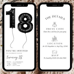 Modèle d'invitation fête 18e anniversaire, Evite 18e anniversaire, Faire-part fête numérique 18e, Invitation numérique 18e modifiable, Invitation Smartphone