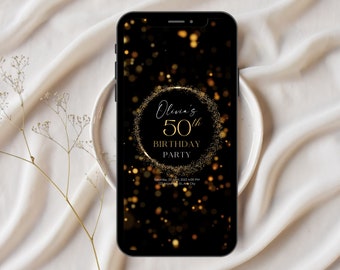 Glam 50. Geburtstag Einladungsvideo, Schwarz und Gold Evite (Digital)