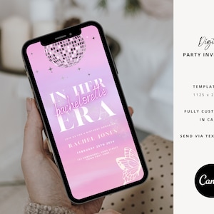 Puede incluir: Una invitaci&oacute;n digital para una despedida de soltera con un fondo degradado rosa y morado. El texto "IN HER bachelorette ERA" est&aacute; en blanco con un contorno rosa. La invitaci&oacute;n incluye el nombre "RACHEL JONES" y la fecha "FEBRUARY 28TH 2024".