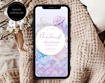 Editable Mermaid Birthday Party Invitation Template, Digital Mermaid Birthday Invitation, Little Mermaid Themed Birthday Invitation