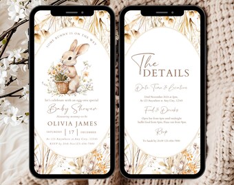 Mall för inbjudan till kaninbabyshower, digital inbjudan till påskbabyshower, en kanin är på väg, inbjudan till babyshowerfest