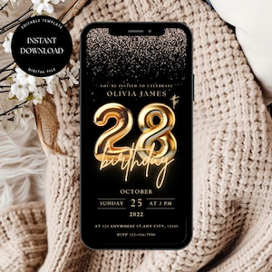 28th Birthday Party Invite Template, 28th Digital Party Invitation, Editable 28th Birthday Invite, Self Edit DIY Itinerary eCard, Glam Evite
