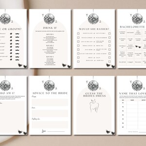 Op de afbeelding: Een set met printbare bruiloftsspelletjes met een discobalthema. De spellen omvatten "Bruid of Bruidegom?", "Drink als", "Zou ze liever?", "Bachelorette Bingo", "Wie ben ik?", "Advies aan de bruid", "Raad het bruidsjurk" en "Noem dat liefdeslied".
