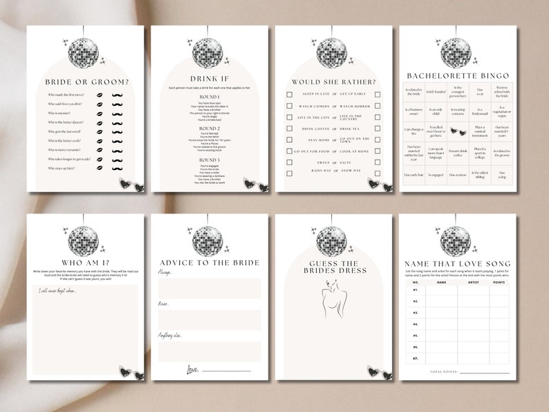Op de afbeelding: Een set met printbare bruiloftsspelletjes met een discobalthema. De spellen omvatten "Bruid of Bruidegom?", "Drink als", "Zou ze liever?", "Bachelorette Bingo", "Wie ben ik?", "Advies aan de bruid", "Raad het bruidsjurk" en "Noem dat liefdeslied".