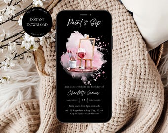 Sip and Paint Party Digital Invitation, Editable Sip & Paint Party Invite, Wine and Paint Birthday Invites, Digital Sip and Paint Invitation