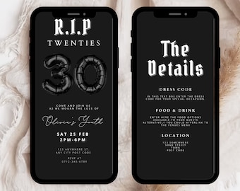 RIP 20s Party Invite, RIP Twenties Party Invitation, 30th E-Invite, Death to Youth Digital 30th Birthday Invitation, 30th Birthday Goth