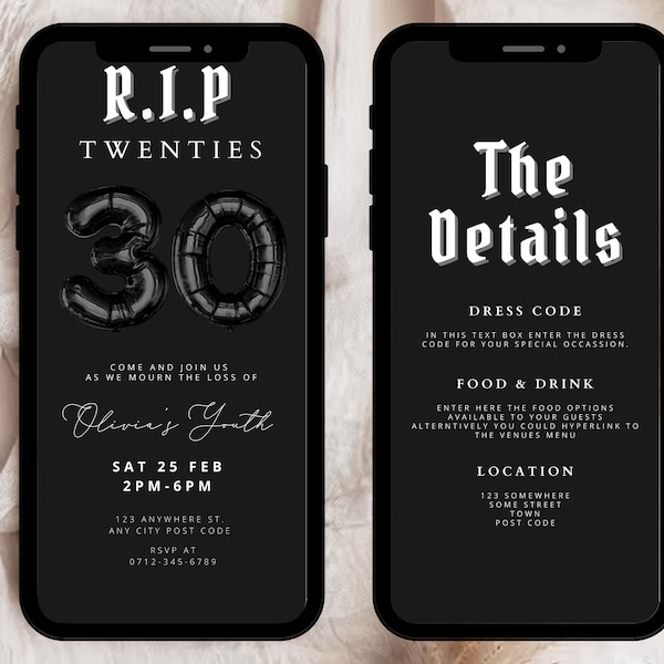 RIP 20s Party Invite, RIP Twenties Party Invitation, 30th E-Invite, Death to Youth Digital 30th Birthday Invitation, 30th Birthday Goth