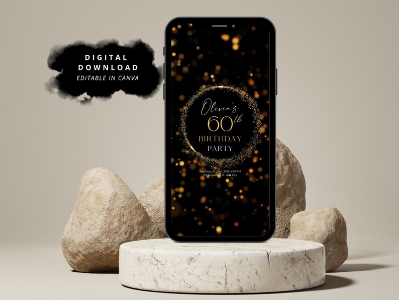 May include: A digital invitation for a 60th birthday party. The invitation features a black background with gold glitter and a gold circle with the text "Olivia's 60th Birthday Party".