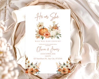 May include: A gender reveal party invitation with a fall theme. The invitation features a watercolor illustration of pumpkins, flowers, and leaves in shades of orange, white, and green. The text reads "He or She? What will baby Smith be? Please join us for a gender reveal honoring Olivia & James, October 2, 2024, 1:30 PM, 123 Anywhere St., Any City, ST 12345."