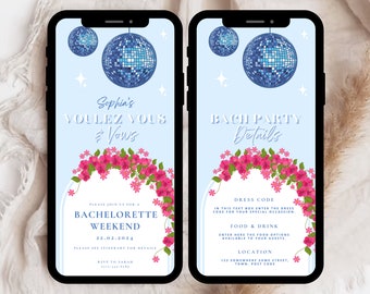 May include: A blue and white digital invitation for a bachelorette party. The invitation features a disco ball, pink flowers, and the text "Sophia's Voulez Vous Vows Bachelorette Weekend 22.02.2024".