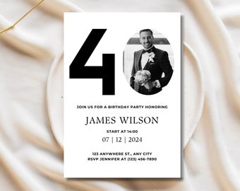 40th Invitation with Photo, 40th Birthday Invitation Template, Simple 40th Invitation, Male 40th Invites, Editable, 40th Printable Invite