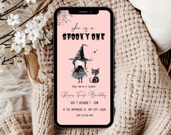 Pink Spooky One Birthday Invitation, Halloween First Birthday (Digital)