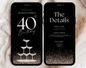 40th Birthday Digital Invitation, 40th Birthday Party Invite, 40th Digital Birthday Invitation, 40th Black Gold Invite, Cocktail Invitation