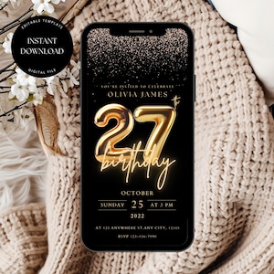 27th Birthday Party Invite Template, 27th Digital Party Invitation, Editable 27th Birthday Invite, Self Edit DIY Itinerary eCard, Glam Evite