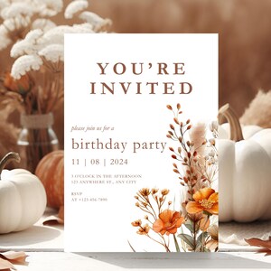 Fall Birthday Party Invitation Template, Fall Pumpkin Birthday Party Invite, Autumn Theme Birthday Party Invite, Digital Pumpkin Invite EM