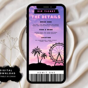 May include: A digital VIP ticket template with a pink and purple sunset background. The ticket has a Ferris wheel, palm trees, and the text "VIP Ticket" and "The Details".