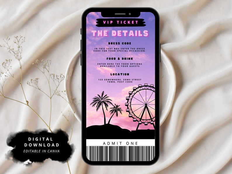 May include: A digital VIP ticket template with a pink and purple sunset background. The ticket has a Ferris wheel, palm trees, and the text "VIP Ticket" and "The Details".