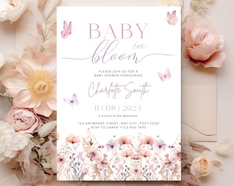 Plantilla de invitación para baby shower con diseño de flores silvestres y mariposas (digital)