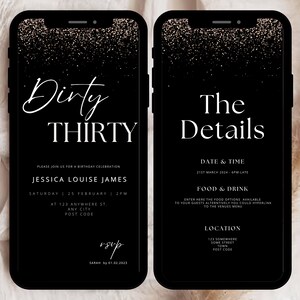 Könnte beinhalten: Eine digitale Einladung in Schwarz und Gold für eine 30. Geburtstagsfeier. Die Einladung zeigt einen glitzernden Hintergrund und den Text "Dirty Thirty" und "The Details". Die Details beinhalten Datum, Uhrzeit, Ort und RSVP-Informationen.