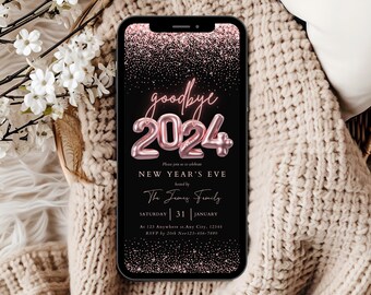 Può includere: Un invito digitale per una festa di Capodanno con sfondo nero e glitter oro rosa. Il testo recita "goodbye 2024" con i numeri in font a palloncino. L'invito include anche il testo "Capodanno" e "The James Family".
