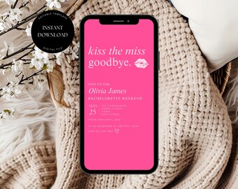 Kiss the Miss Goodbye Invitation, Kiss the Miss Goodbye Bachelorette Invitation, Editable Hen Party Invite, Digital Bachelorette Invite