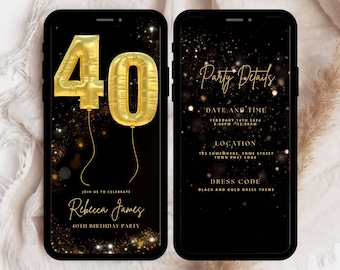 Convite editável para 40º aniversário com RSVP, convite para festa de 40º aniversário, modelo de convite para festa de 40º aniversário, convite digital personalizado para 40º aniversário