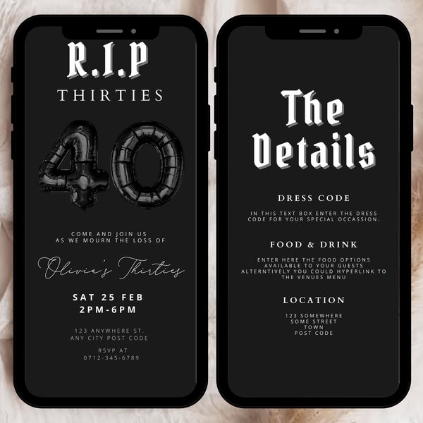 RIP 30s Party Invite, RIP Thirties Party Invitation, Digital 40th Birthday Invitation, Death to my 30's Invite, 40th Birthday Party Invite