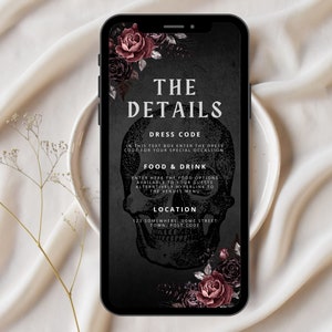 May include: A black and white digital invitation with a skull graphic and red roses. The text reads "The Details", "Dress Code", "Food & Drink", "Location", and includes placeholders for the event details.