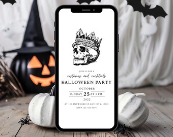 May include: A black and white digital invitation for a Halloween party. The invitation features a skull wearing a crown and the text "JOIN US FOR A costumes and cocktails HALLOWEEN PARTY OCTOBER SUNDAY 25 AT 3 PM 2022 AT 123 ANYWHERE ST.ANY CITY, 12345 RSVP 123-456-7890"