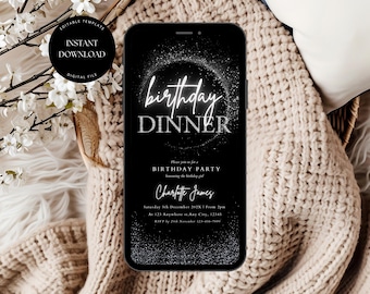 Glitter Birthday Dinner Invitation, Black Silver Sparkle Design (Digital Download)