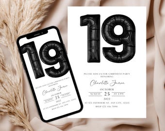 19th Birthday Party Invitation Template, 19th Birthday Digital Invitation, Editable 19th Birthday Invitation, Editable 19th Party Evite EM