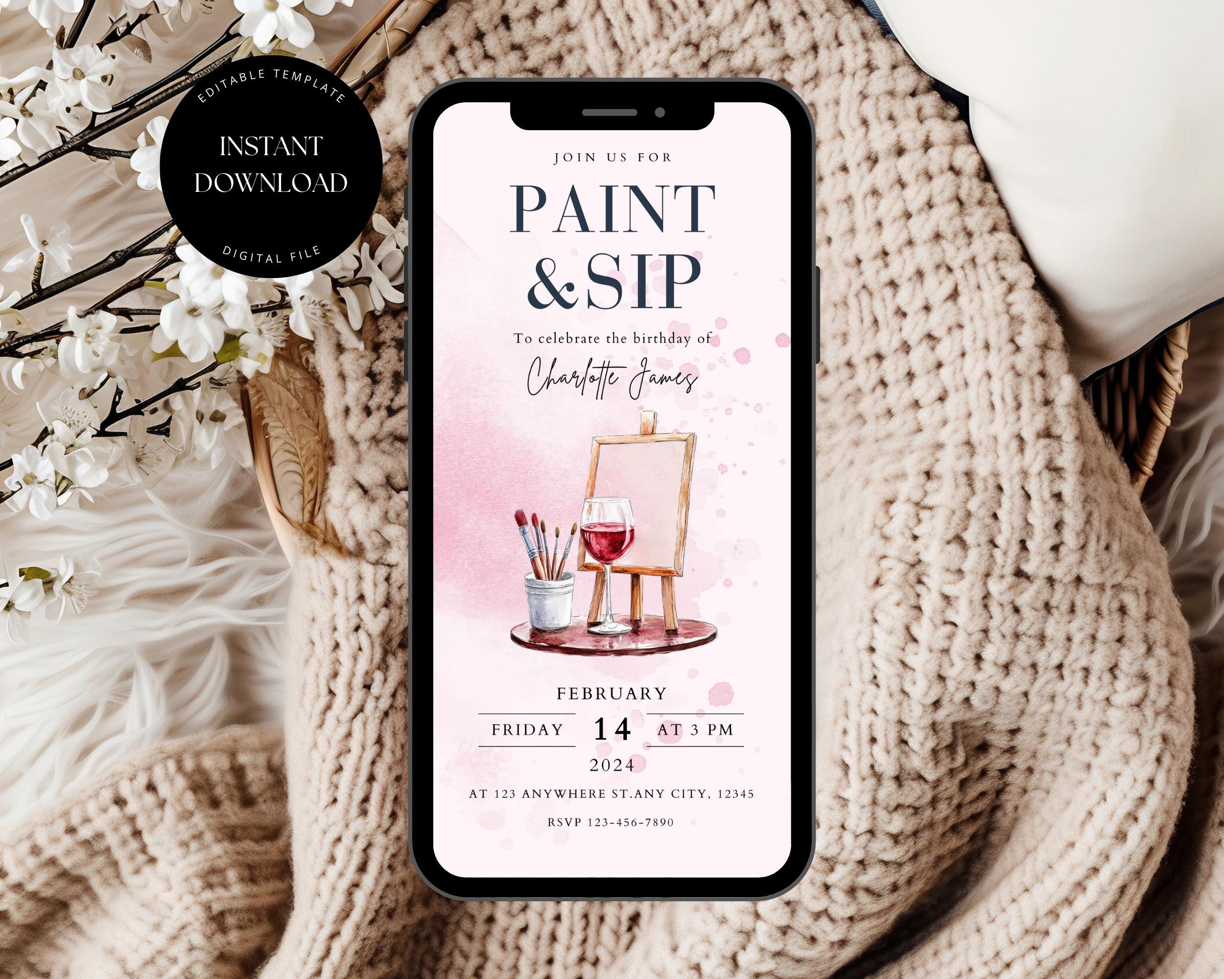 Sip and Paint Party Digital Invitation, Editable Sip & Paint Party Invite, Wine and Paint Birthday Invites, Digital Sip and Paint Invitation