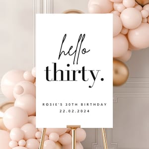 Hello Thirty ウェルカム サイン テンプレート、30 歳の誕生日パーティー ウェルカム サイン、Hello 30 ウェルカム ポスター、30 歳のサイン編集可能テンプレート