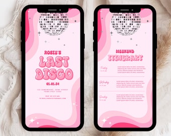 Invitación e itinerario para despedida de soltera estilo discoteca (descarga digital)