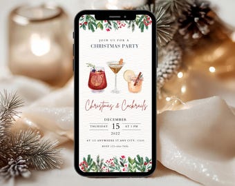 May include: A digital invitation for a Christmas party with cocktails. The invitation features a festive green and red floral design with a watercolor illustration of three cocktails. The text reads "Join us for a Christmas Party", "Christmas & Cocktails", "December 15, 2022", "Thursday at 3 PM", "At 123 Anywhere St. Any City, 12345", and "RSVP 123-456-7890".