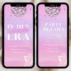Puede incluir: Una pantalla de tel&eacute;fono con degradado rosa y morado con una bola de discoteca y un gr&aacute;fico de mariposa. El texto dice "In Her Bachelorette Era" y "Party Details".