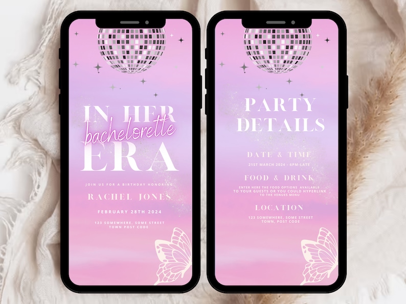 Puede incluir: Una pantalla de tel&eacute;fono con degradado rosa y morado con una bola de discoteca y un gr&aacute;fico de mariposa. El texto dice "In Her Bachelorette Era" y "Party Details".