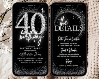 Plantilla de invitación para fiesta de cumpleaños número 40, invitación glamurosa de corbata negra para cumpleaños número 40, invitación digital para ella para cumpleaños número 40, invitación electrónica editable para cumpleaños número 40