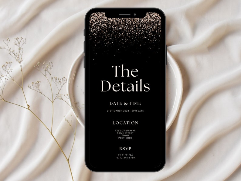 May include: Black and gold digital invitation with the text "The Details" and information about a date, time, location, and RSVP details.