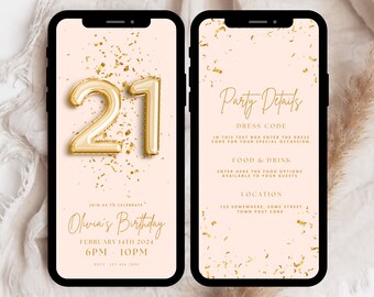 Invitación digital para cumpleaños número 21, invitación para fiesta de cumpleaños número 21, invitación para cumpleaños número 21 de Evite, invitaciones digitales para cumpleaños número 21, plantilla de invitación para cumpleaños número 21 de Canva