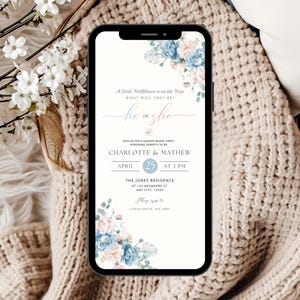 Spring Baby Gender Reveal Party Invitation, Wildflower Gender Reveal Invitation, Gender Reveal Digital Invitation, Pink or Blue Invite