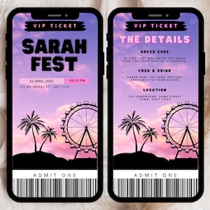 May include: A pink and purple mobile phone screen displaying a VIP ticket for the Sarah Fest. The ticket includes the date, time, location, and dress code. The background image features a Ferris wheel and palm trees.
