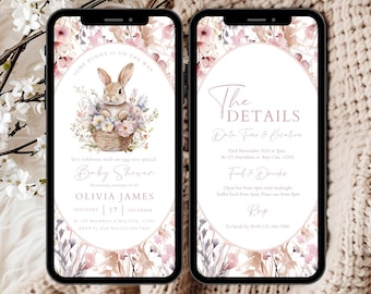 Modello di invito per baby shower per bambine, invito digitale per baby shower di Pasqua, un coniglietto è in arrivo, invito per festa di baby shower