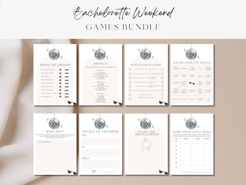 Op de afbeelding: Een set printbare bachelorette-partyspellen met een discobalthema. De spellen omvatten "Bride or Groom?", "Drink If", "Would She Rather", "Bachelorette Bingo", "Who Am I", "Advice to the Bride", "Guess the Bride's Dress" en "Name That Love Song".