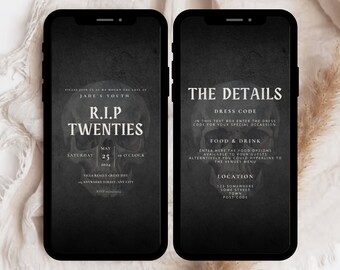 May include: Black and white digital invitation with a skull graphic. The text reads "Please join us as we mourn the loss of Jade's Youth. R.I.P. Twenties. Saturday, May 25, 2024, 10 o'clock. Villa Really Great Site, Anywhere Street, Any City. The Details. Dress Code. In this text box enter the dress code for your special occasion. Food & Drink. Enter here the food options available to your guests. Alternatively you could hyperlink to the venues menu. Location. 123 Somewhere, Some Street, Town, Post Code."
